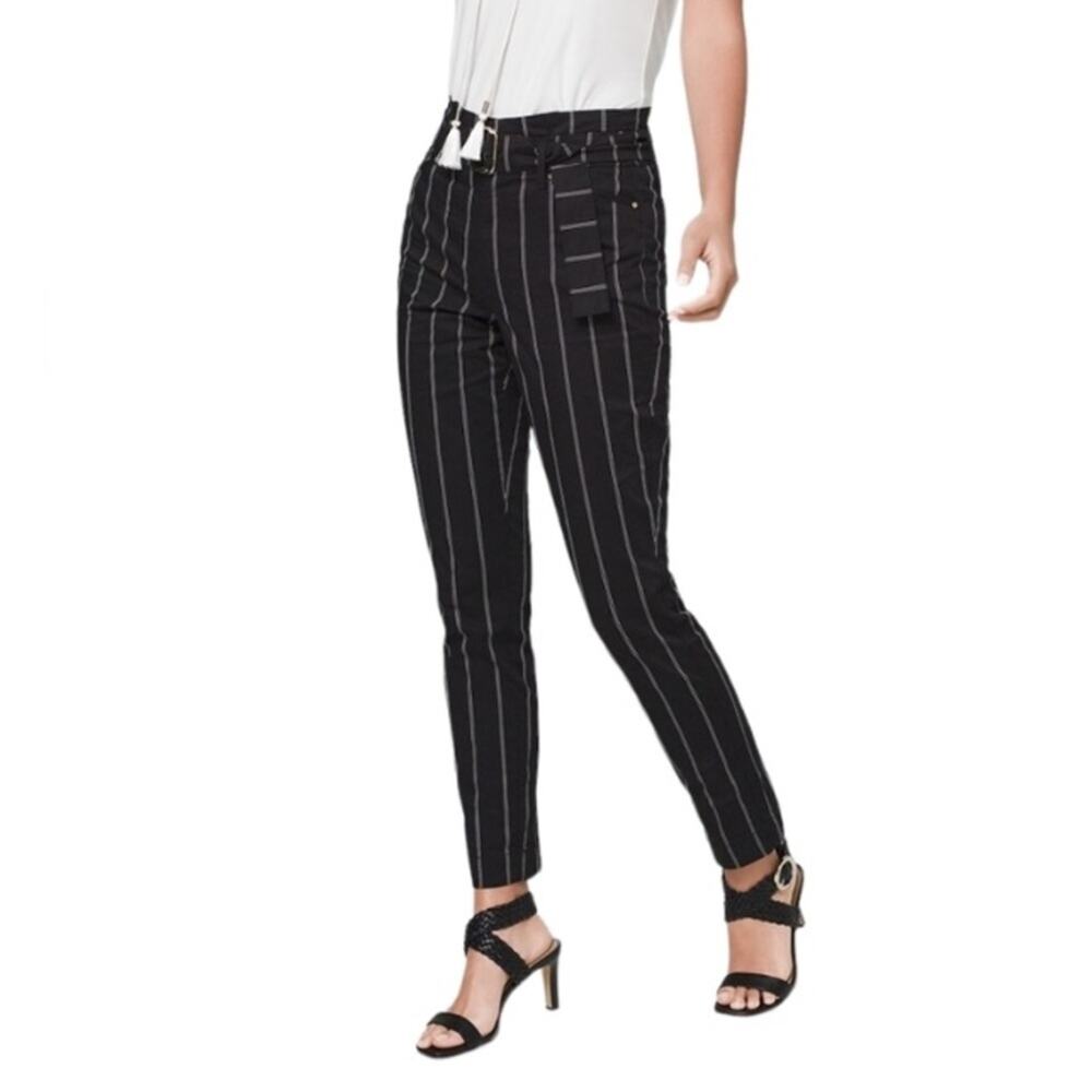 White House Black Market Paperbag Striped Black White Slim Ankle Belted Pants 6S
